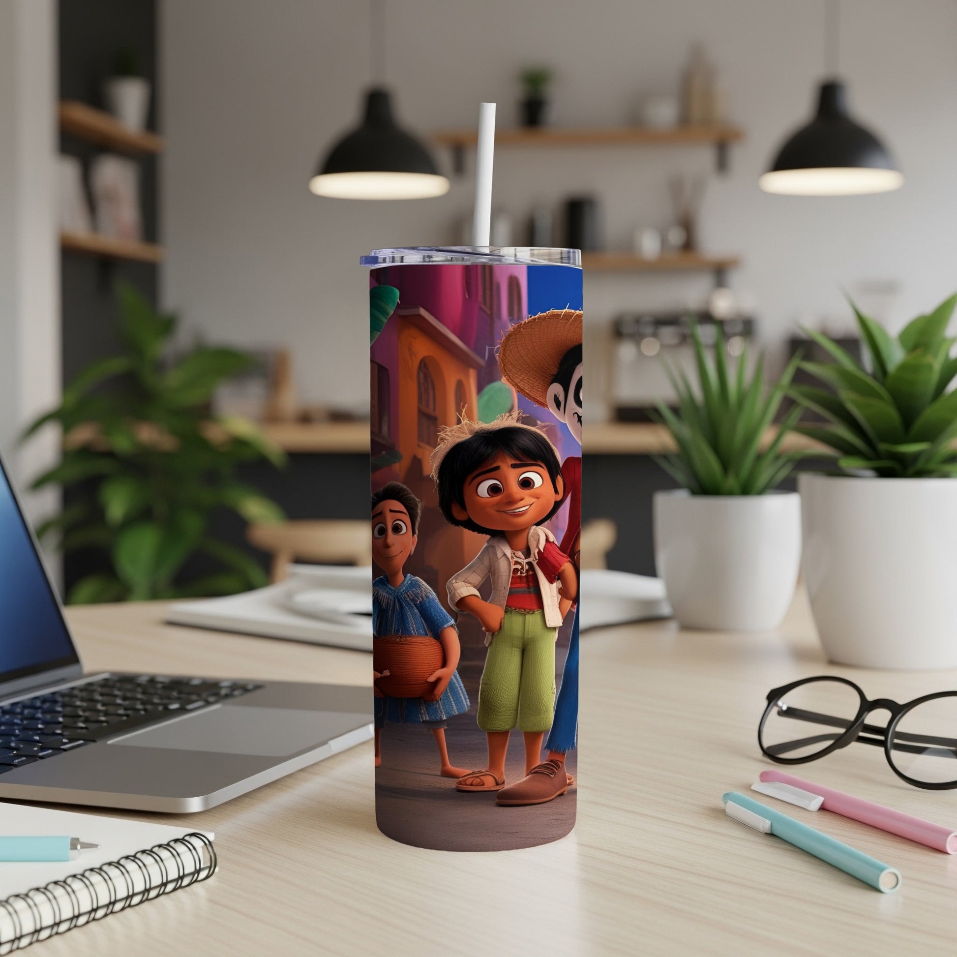 Three animated characters stand on a desk beside a laptop, pens, and a notebook.