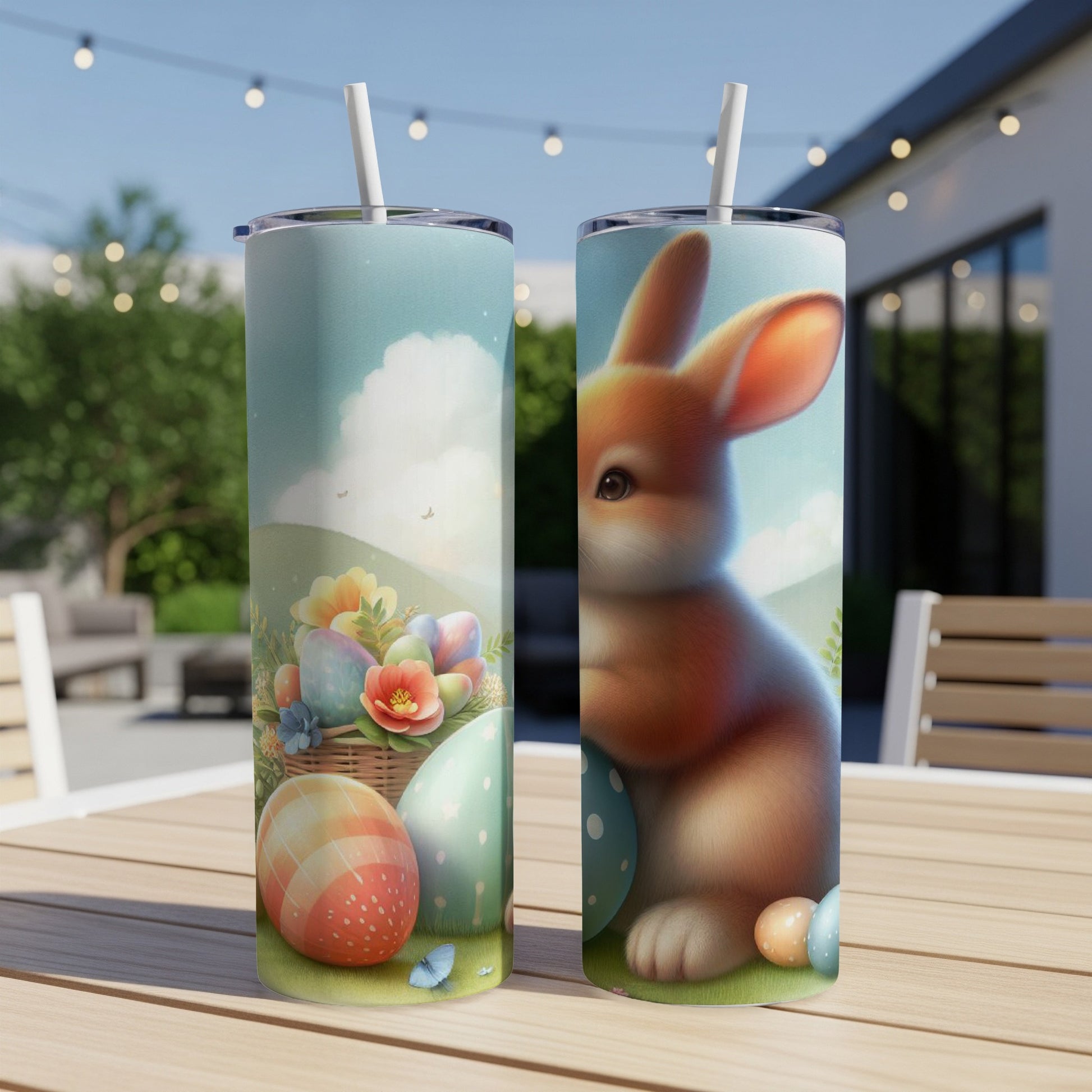 Easter bunny, decorated eggs, and basket on a tumbler.