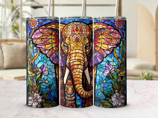 Triptych of colorful stained glass elephant tumblers with floral accents.