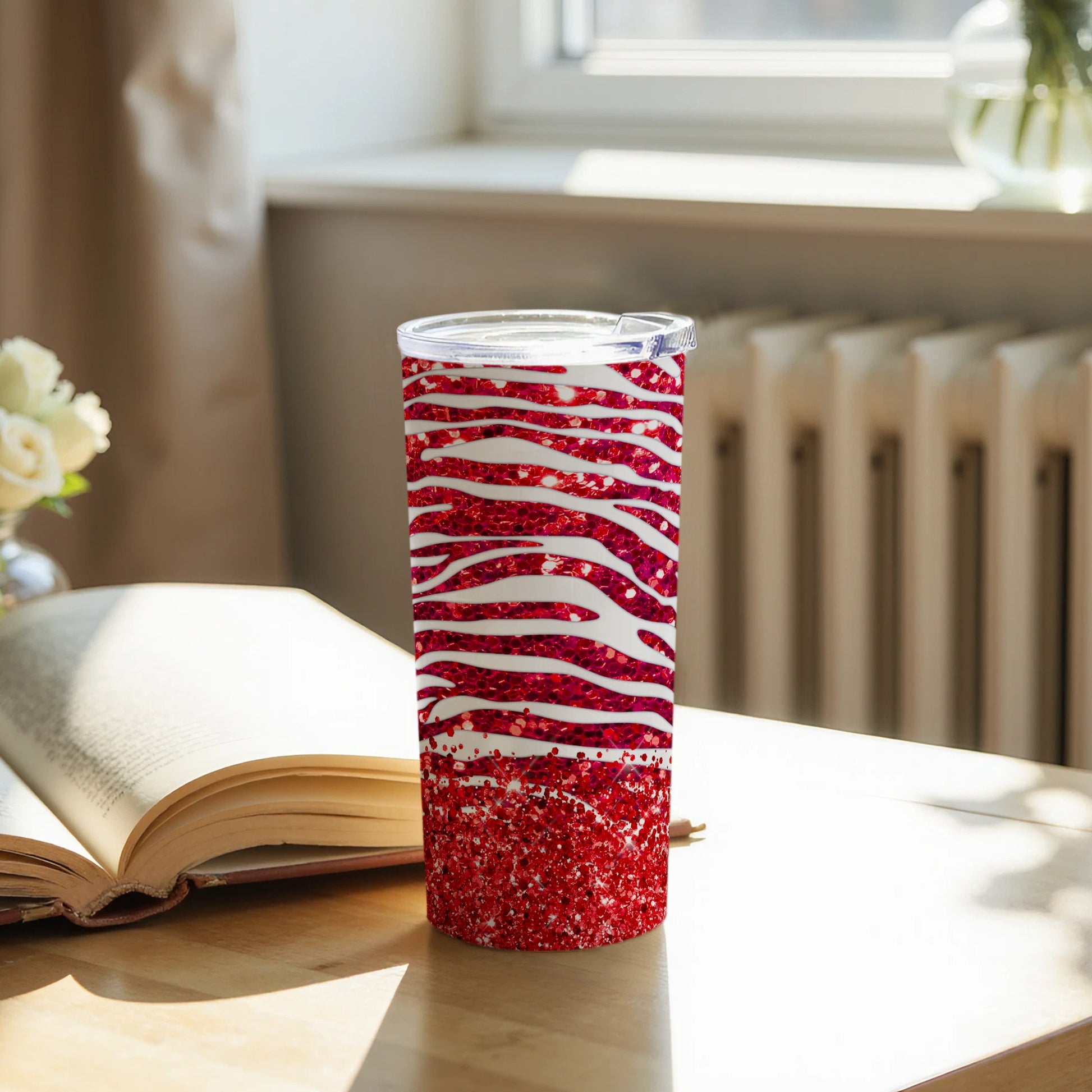 Red Zebra Glitter Patterned Tumbler for Stylish Use