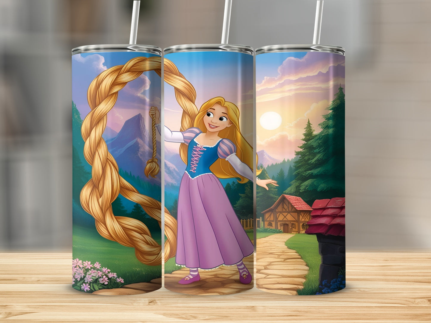 Rapunzel with long blonde hair holding her braid in a whimsical outdoor setting.