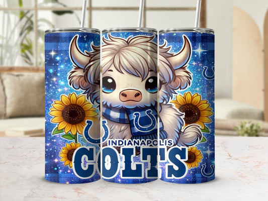 Indianapolis Colts tumbler with a chibi cow and sunflowers on a blue plaid background.