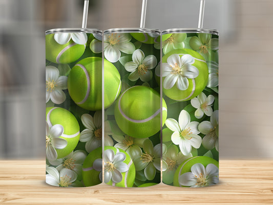 Three tumblers with a tennis ball and white floral pattern.