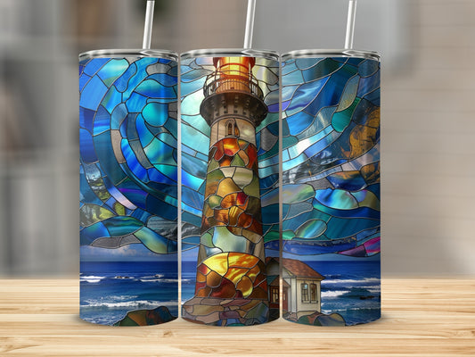Lighthouse stained glass design on three tumblers.