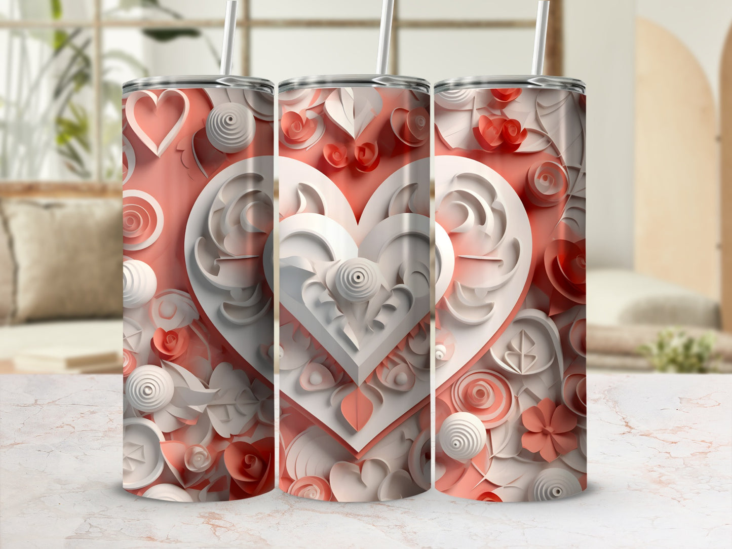 Three tumblers with a detailed 3D heart and floral pattern.