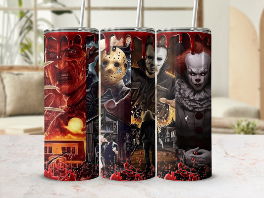 Tumbler with Freddy Krueger, Jason Voorhees, Michael Myers, and Pennywise horror characters.