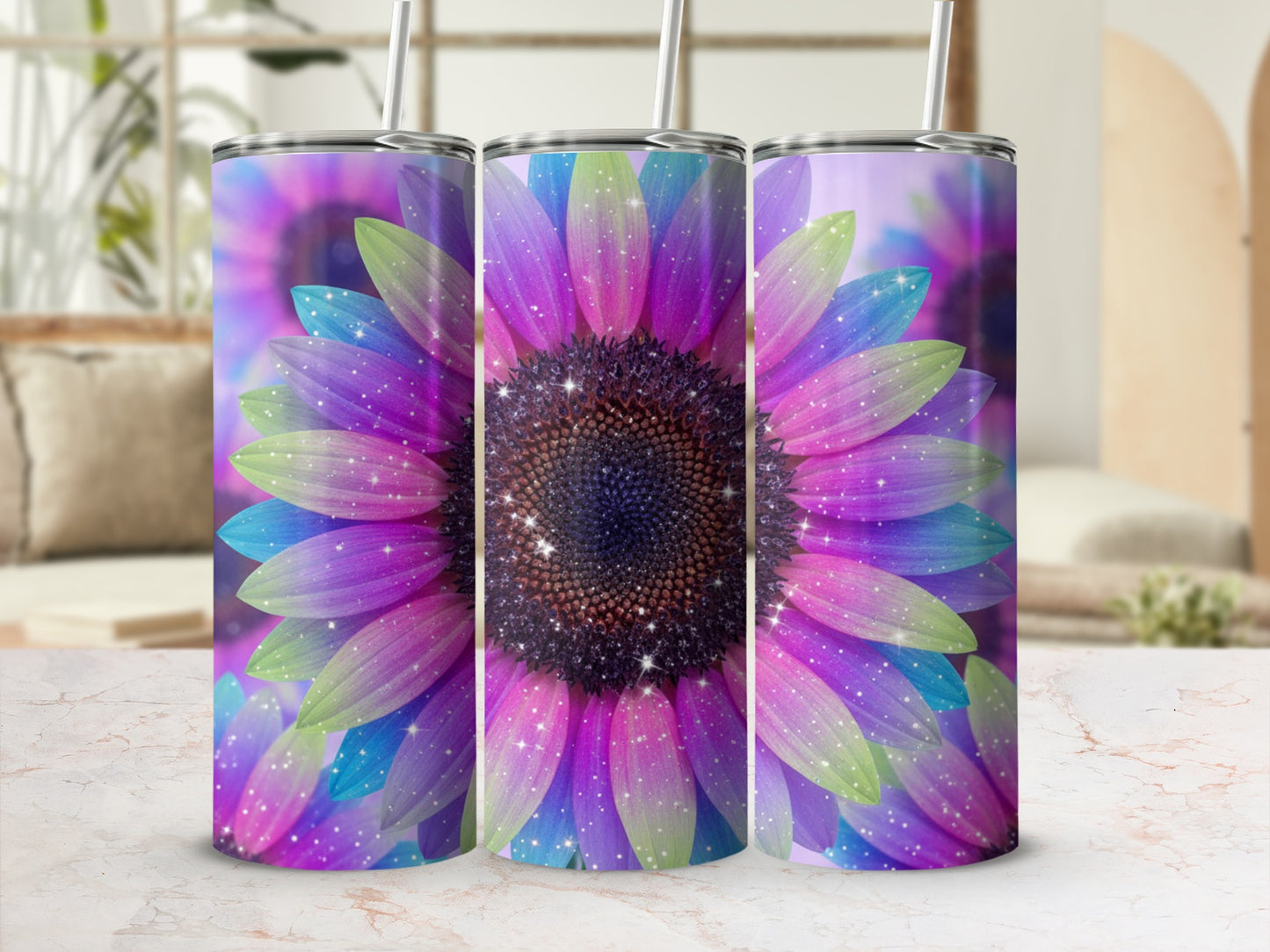 Colorful Sparkling Sunflower Print Insulated Tumbler