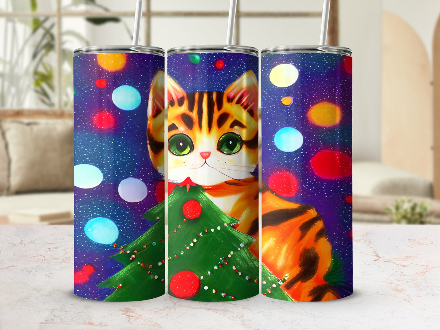 Tiger-striped cat wearing a Christmas tree around its neck, bokeh lights background.