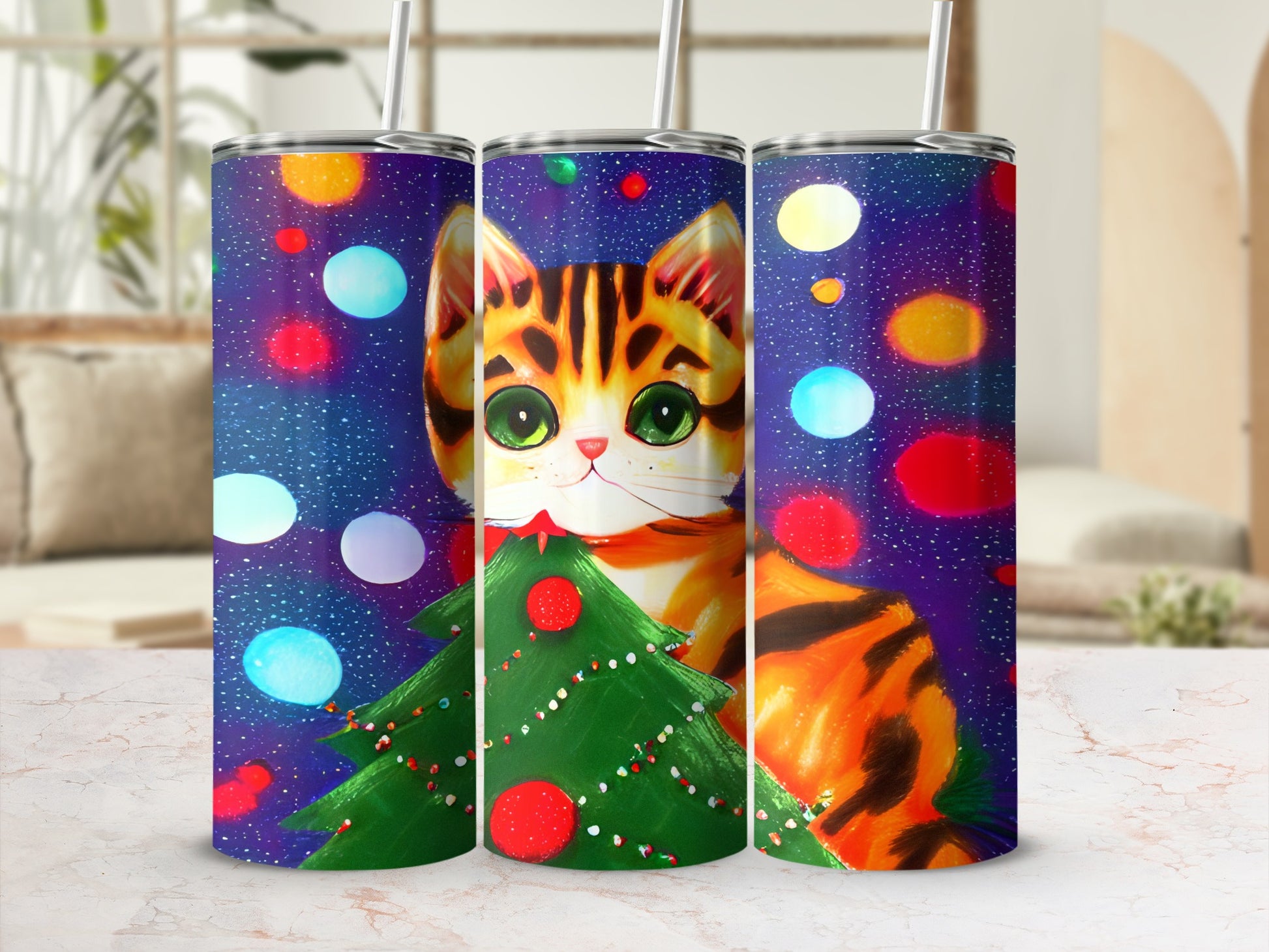 Tiger-striped cat wearing a Christmas tree around its neck, bokeh lights background.