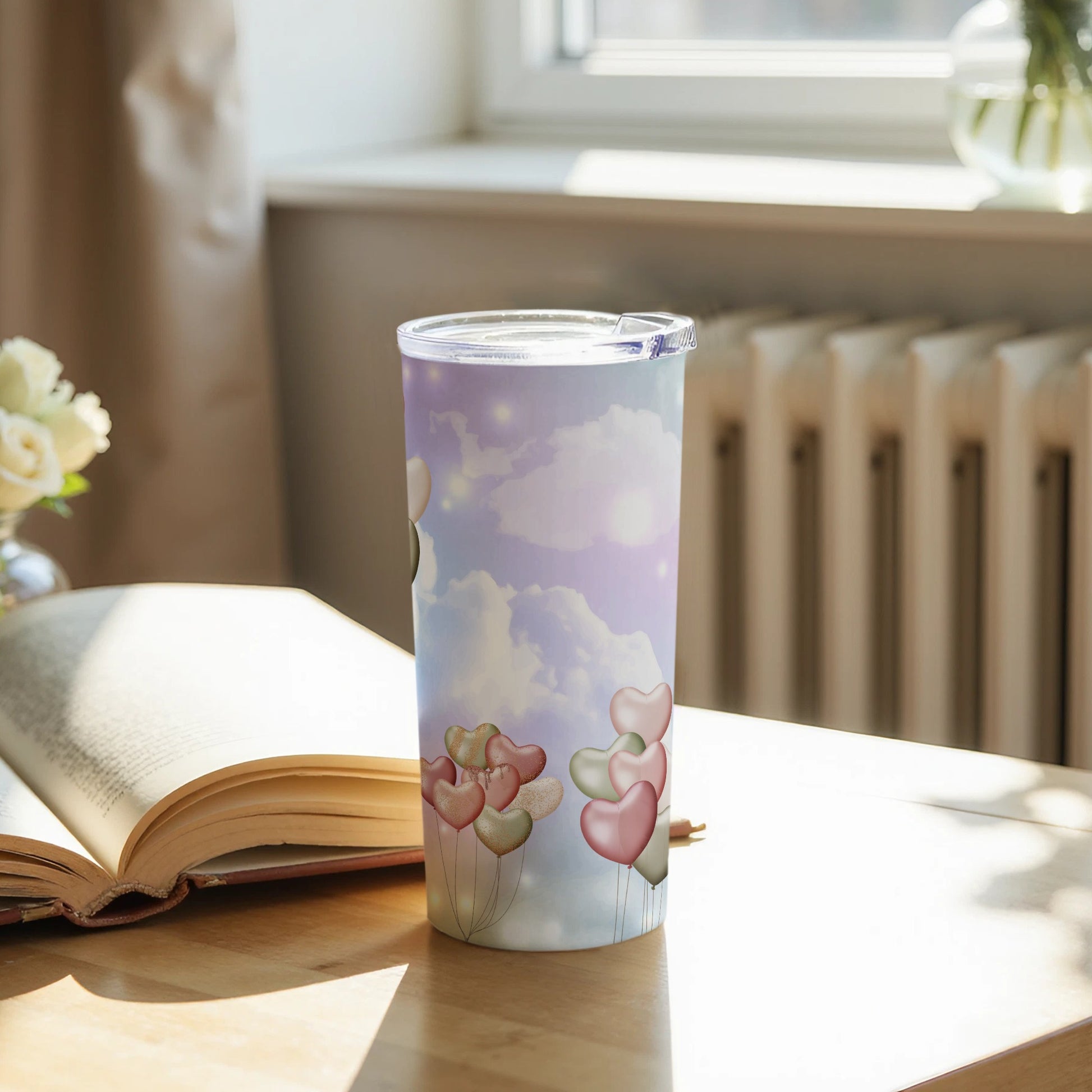 Sky Clouds and Heart Balloons Design Tumbler