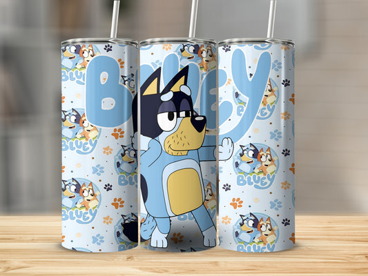 Bluey cartoon characters on a light blue tumbler with straw.