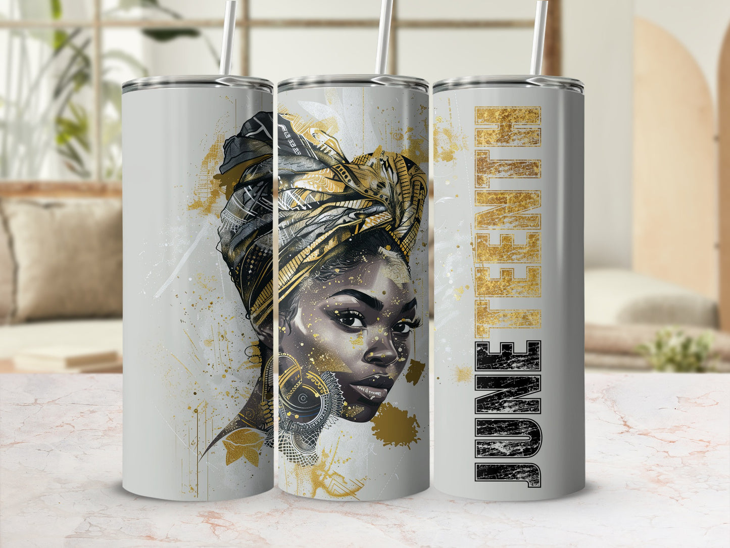 Gold and black abstract art of a woman with "JUNE BIRTHDAY" text.