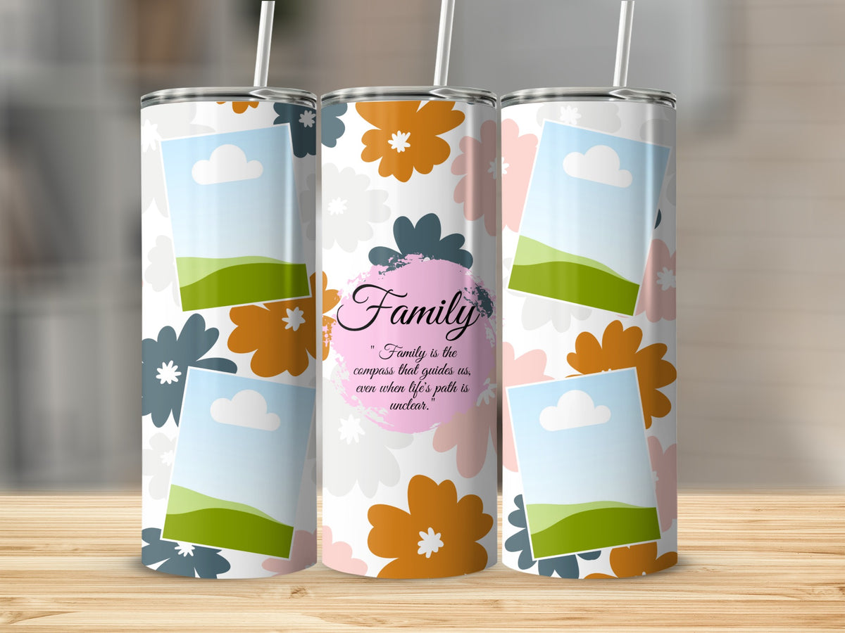 Tumbler with floral pattern, photo frames, and "Family" quote.