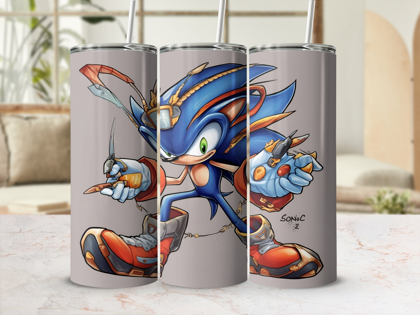 Sonic the Hedgehog character in action, holding weapons, on a tumbler.