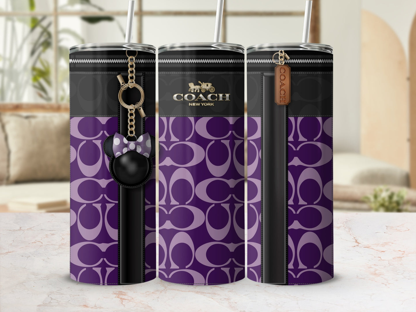Purple Pattern Coach New York Tumbler with Keychain Holder