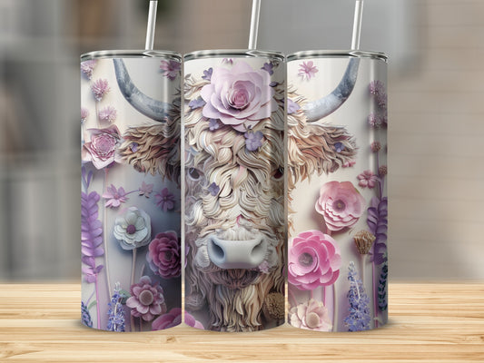 Three tumblers with highland cow designs featuring floral embellishments.