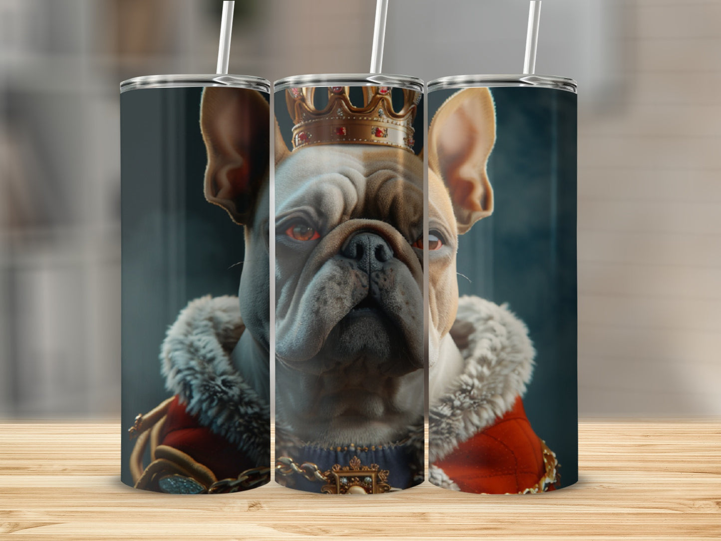 French bulldog wearing a crown and royal robe.