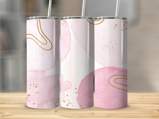 Three skinny tumblers with pink watercolor brushstrokes and gold accents.