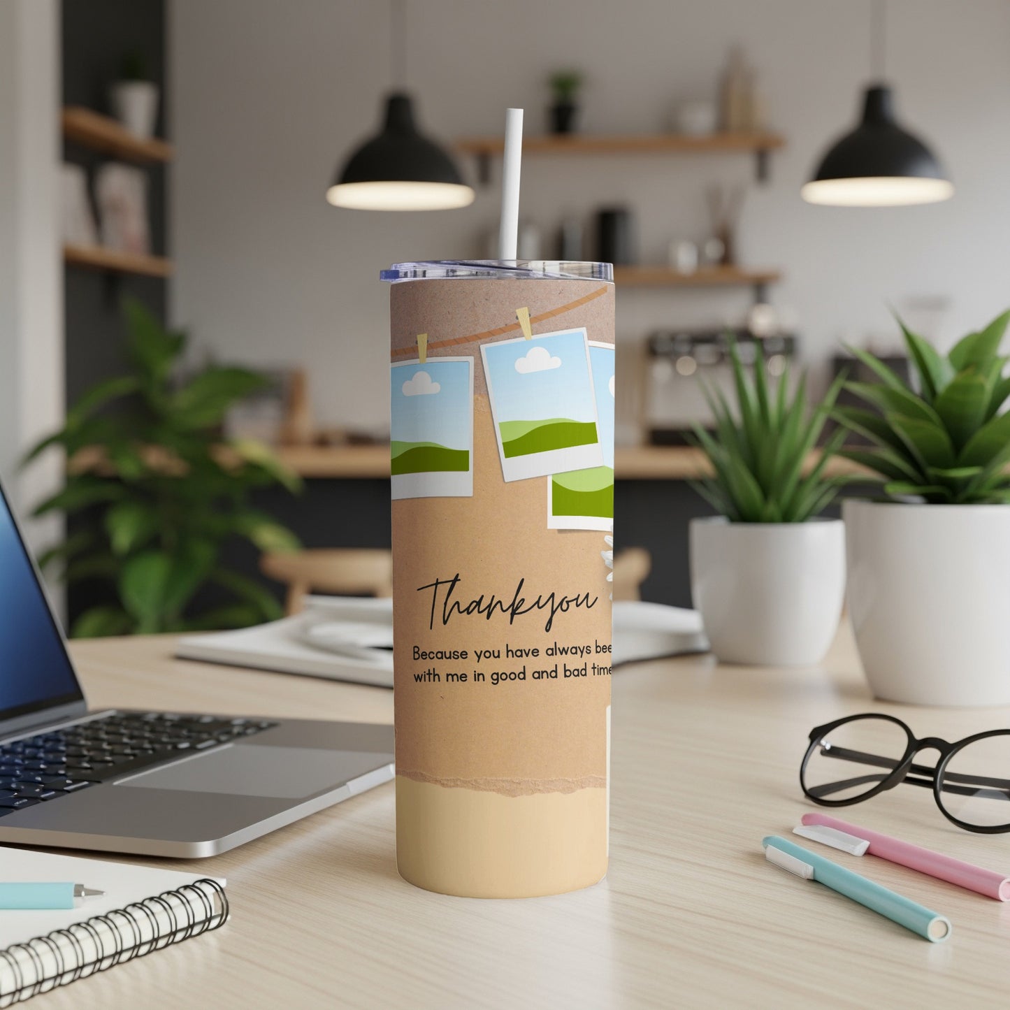 Tumbler with "Thank you" message and photos strung on a clothesline design.