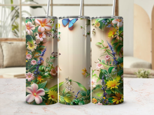 Three seamless tumblers with floral and butterfly designs on a neutral background.