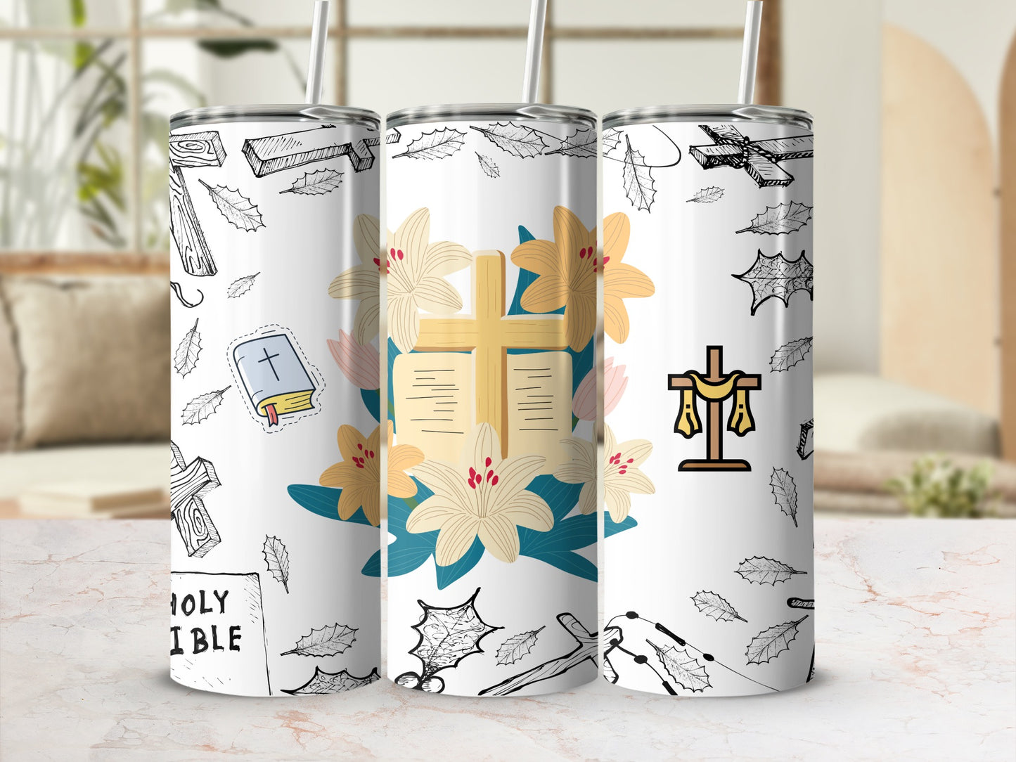 Christian Themed Tumbler with Religious Symbols Design