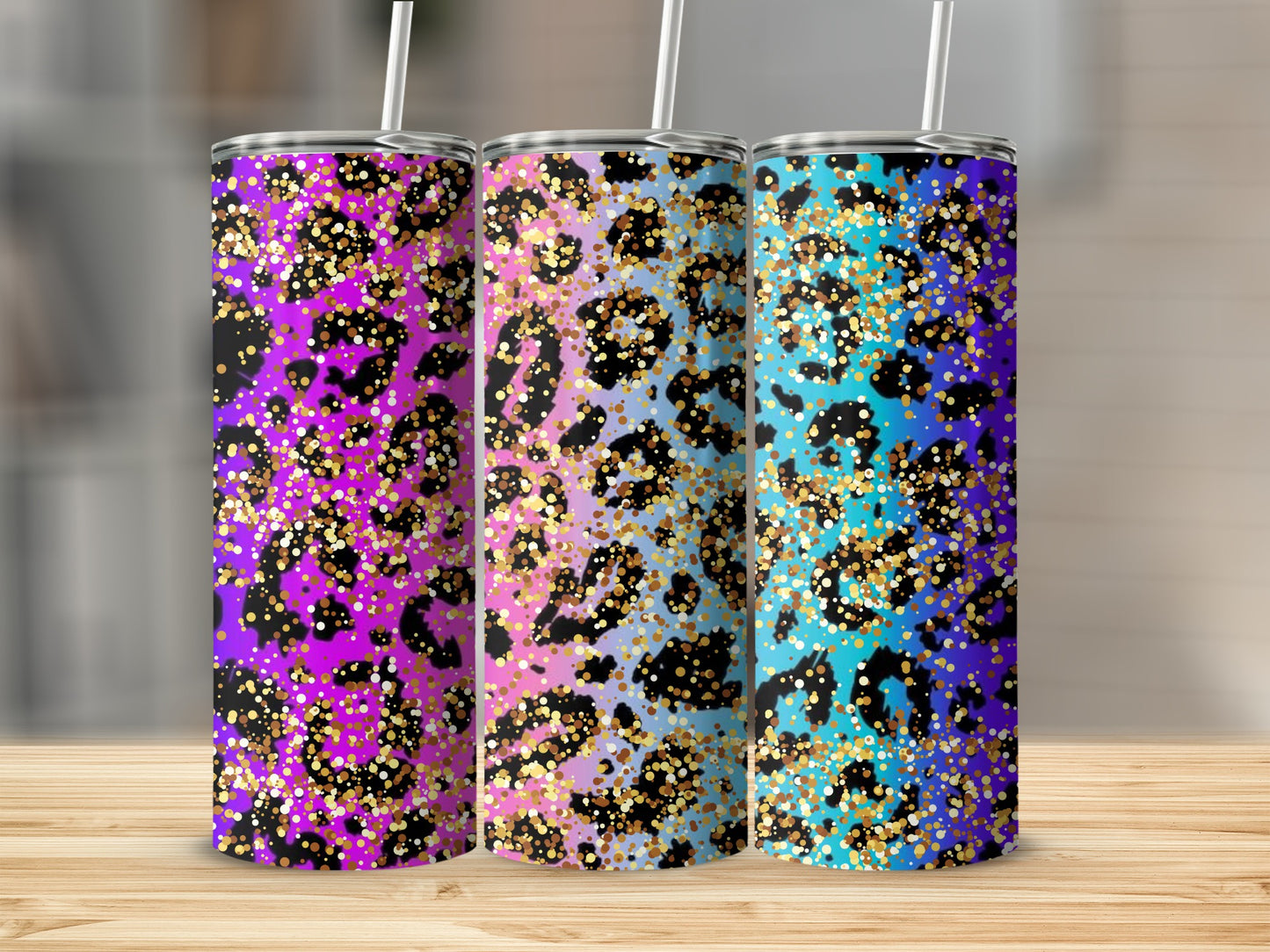 Vibrant Leopard Print Tumblers with Glitter Detailing