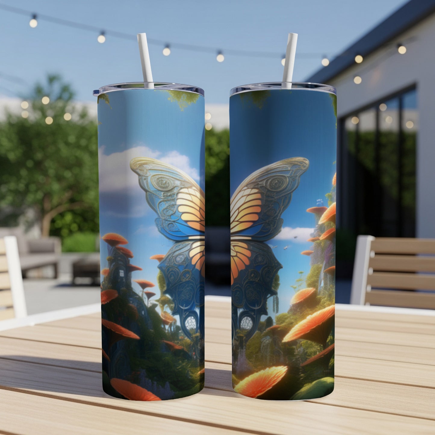 Two tumblers with a fantasy butterfly and mushroom landscape design.