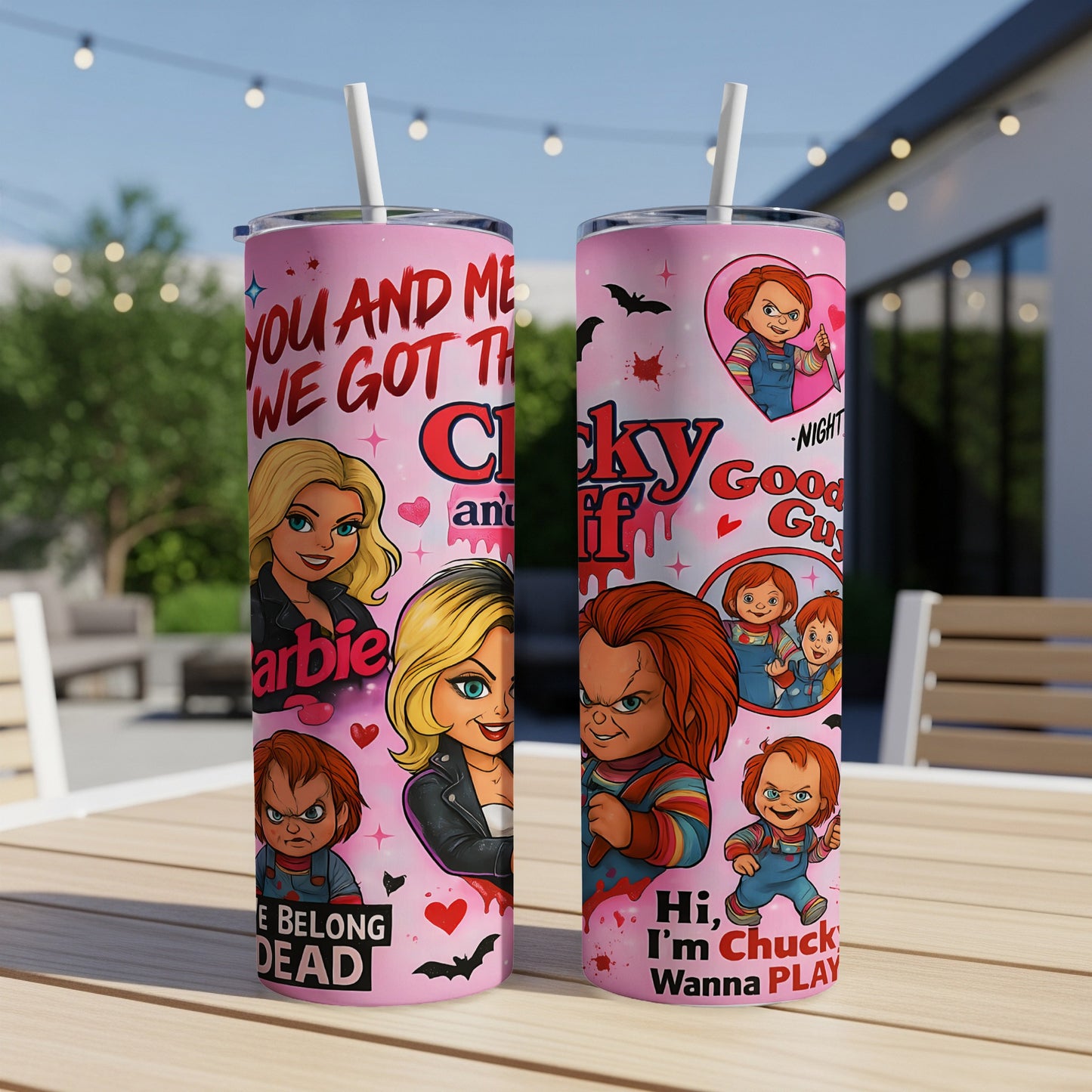Two pink tumblers with Chucky and Barbie designs and text "You and Me We Got This".