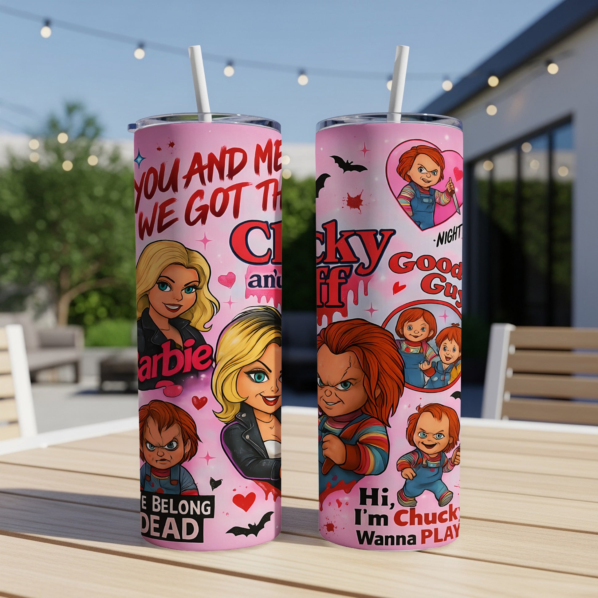 Two pink tumblers with Chucky and Barbie designs and text "You and Me We Got This".