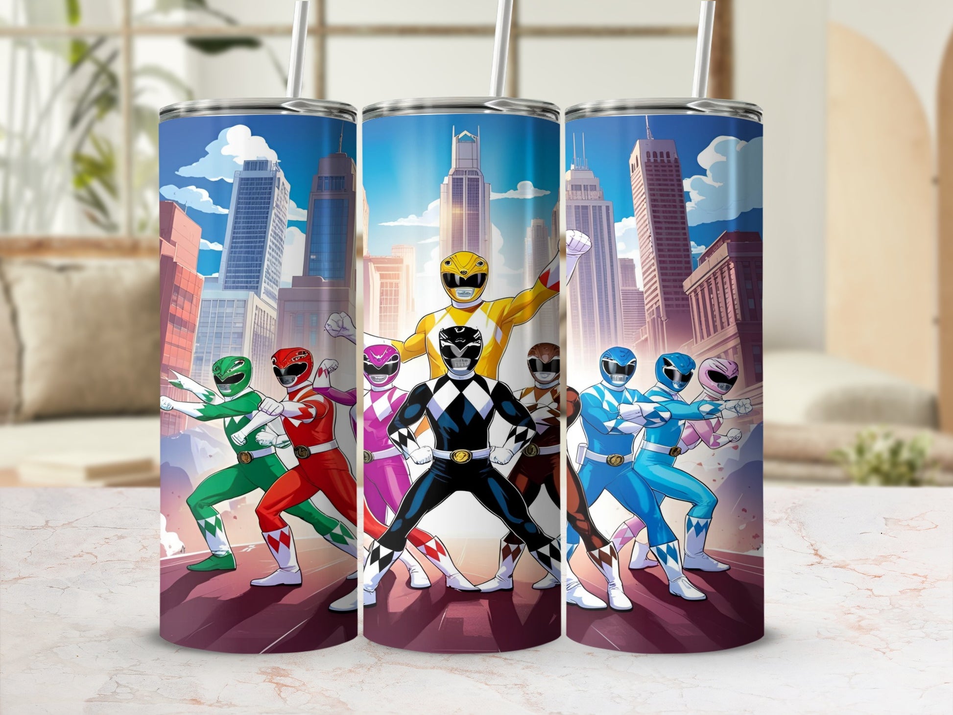 Five Power Rangers in colorful costumes stand against a city skyline.