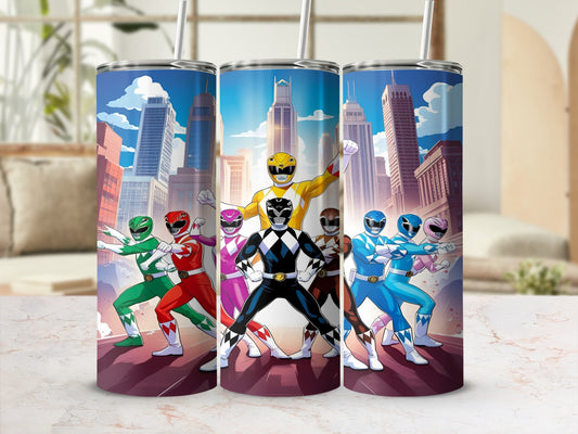 Five Power Rangers in colorful costumes stand against a city skyline.