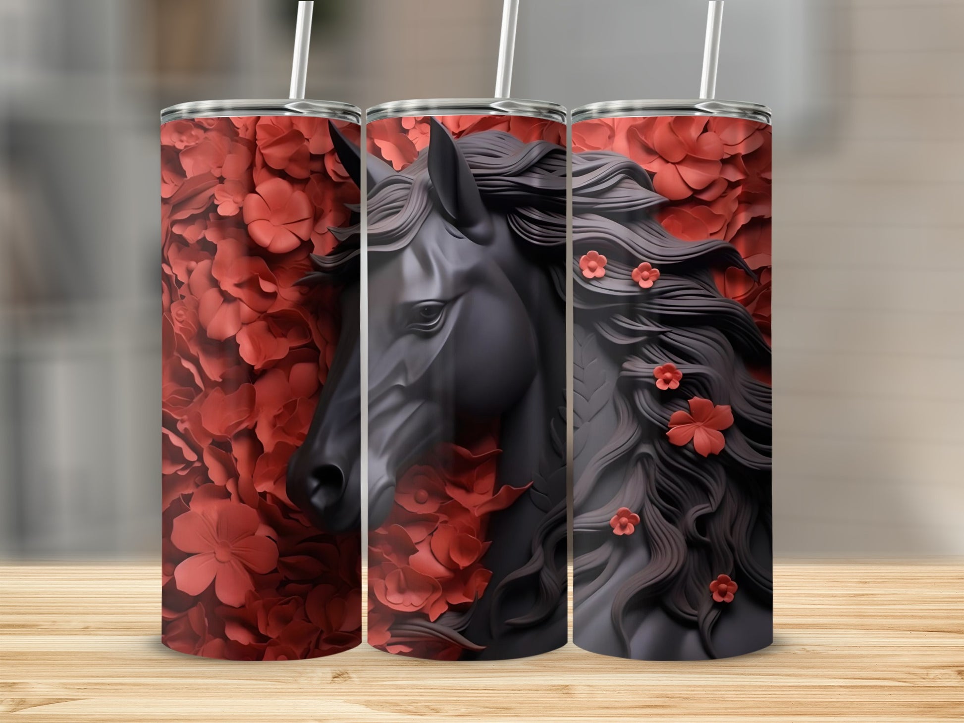 Red Floral Horse Design Tumbler for Stylish Beverages