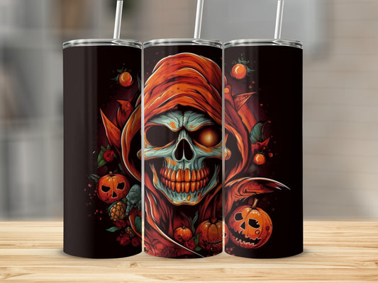 Three tumblers with Halloween art featuring a grim reaper skull, pumpkins, and roses.