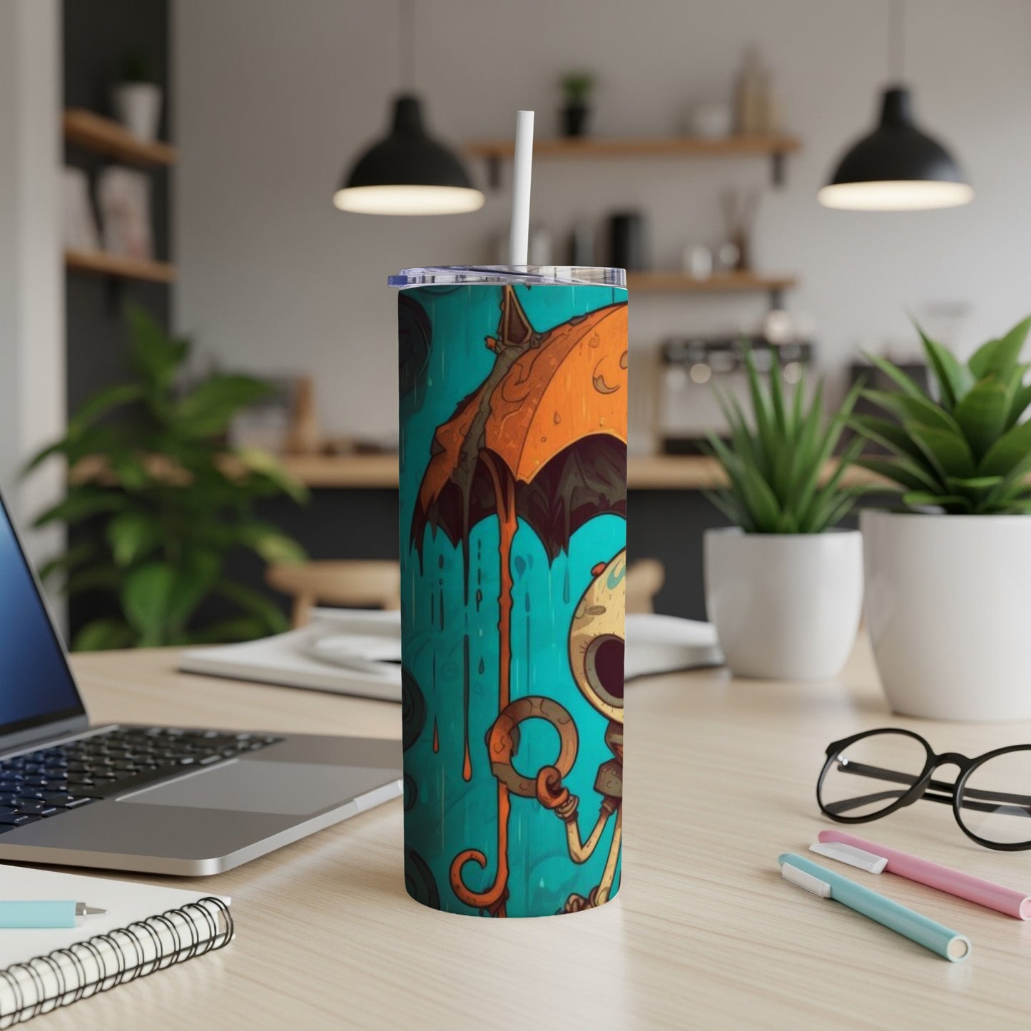 Tumbler with cartoon character holding umbrella under rain, on a desk.