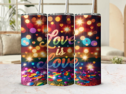Rainbow glitter confetti and bokeh lights on a pride flag themed tumbler.
