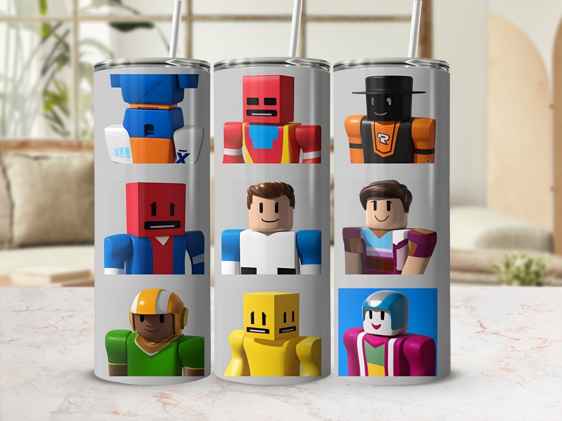Roblox characters in colorful outfits arranged in a 3x3 grid.