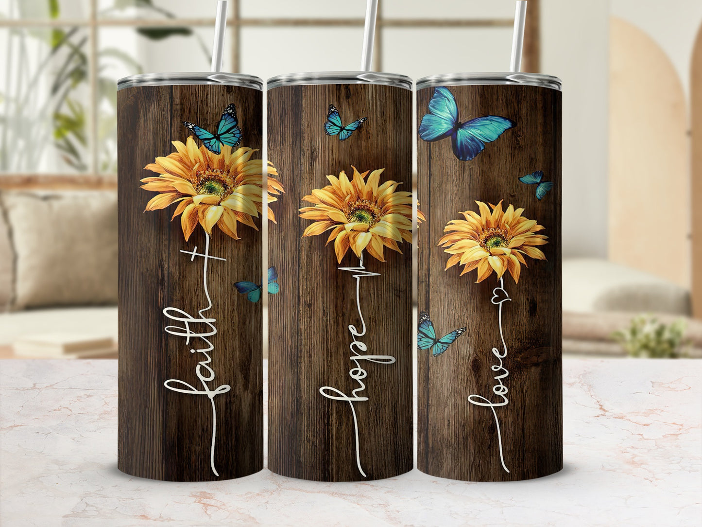 Faith Hope Love Sunflower Butterfly Wood Grain Tumbler product type