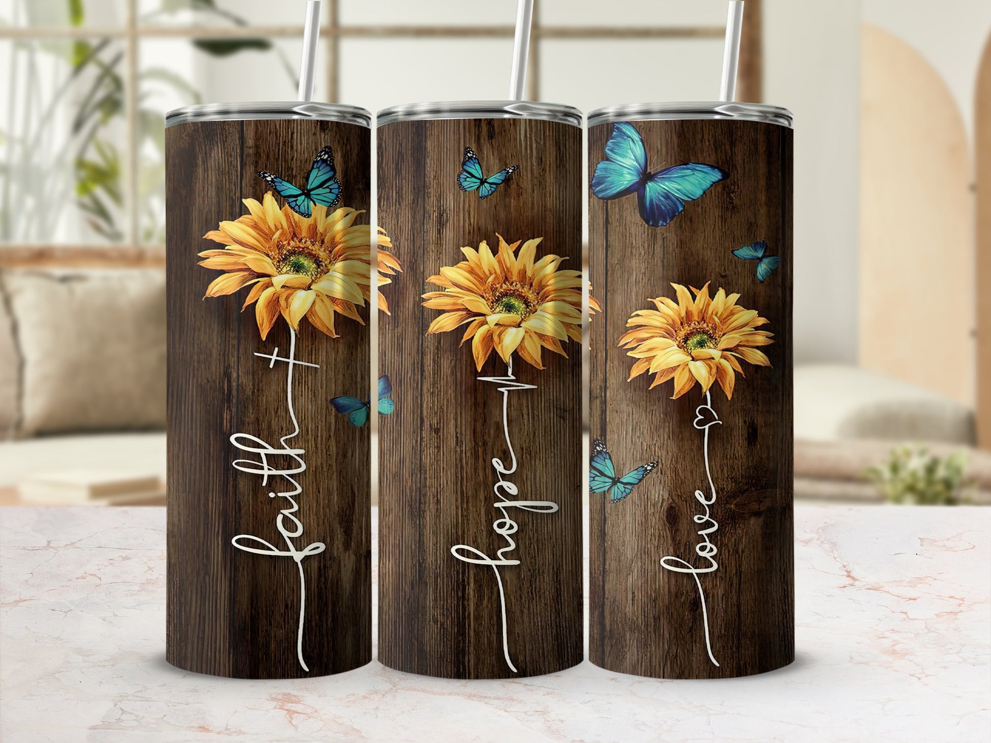 Faith Hope Love Sunflower Butterfly Wood Grain Tumbler product type