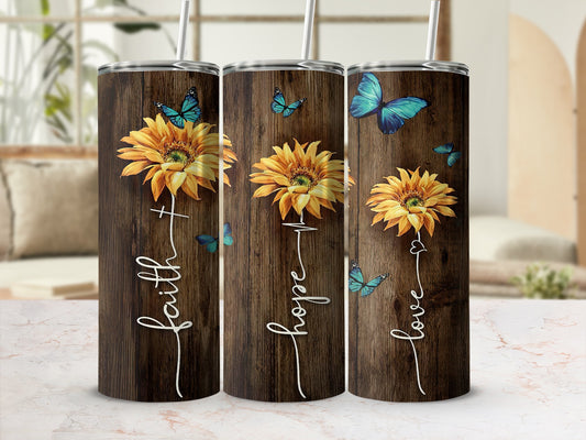 Faith Hope Love Sunflower Butterfly Wood Grain Tumbler product type