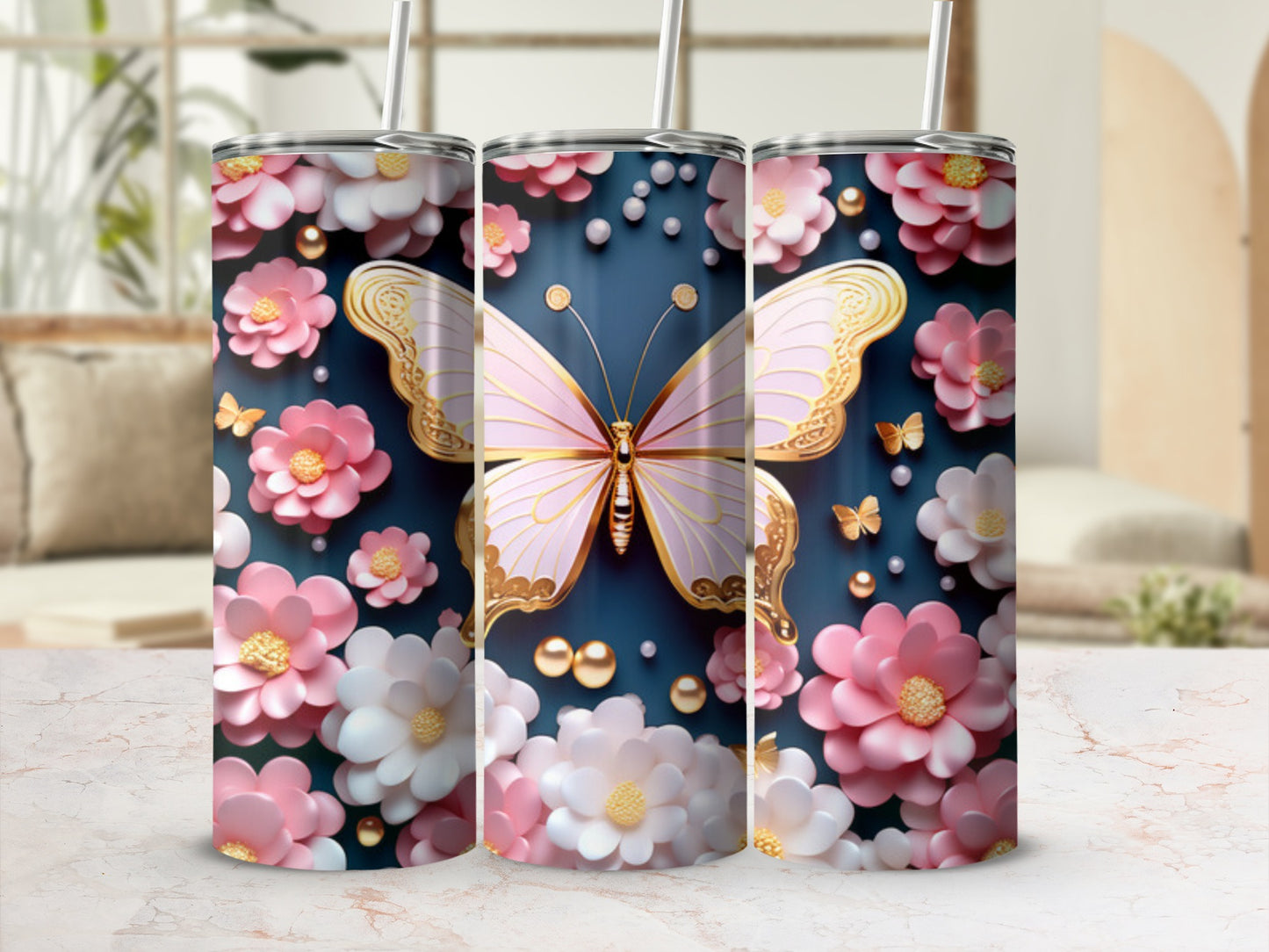 Pink butterfly and floral pattern on a navy blue tumbler.