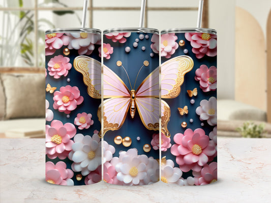 Pink butterfly and floral pattern on a navy blue tumbler.