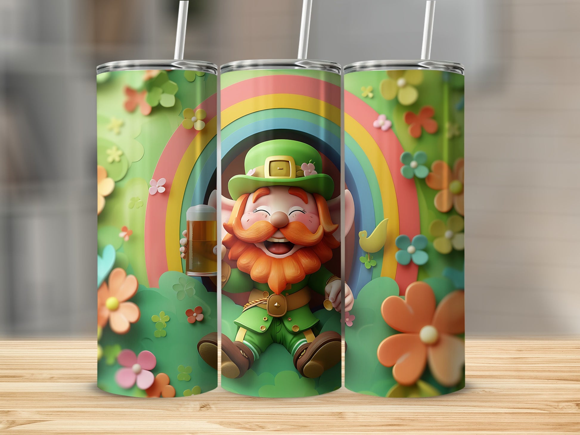 Leprechaun holding a beer with rainbow and floral background.