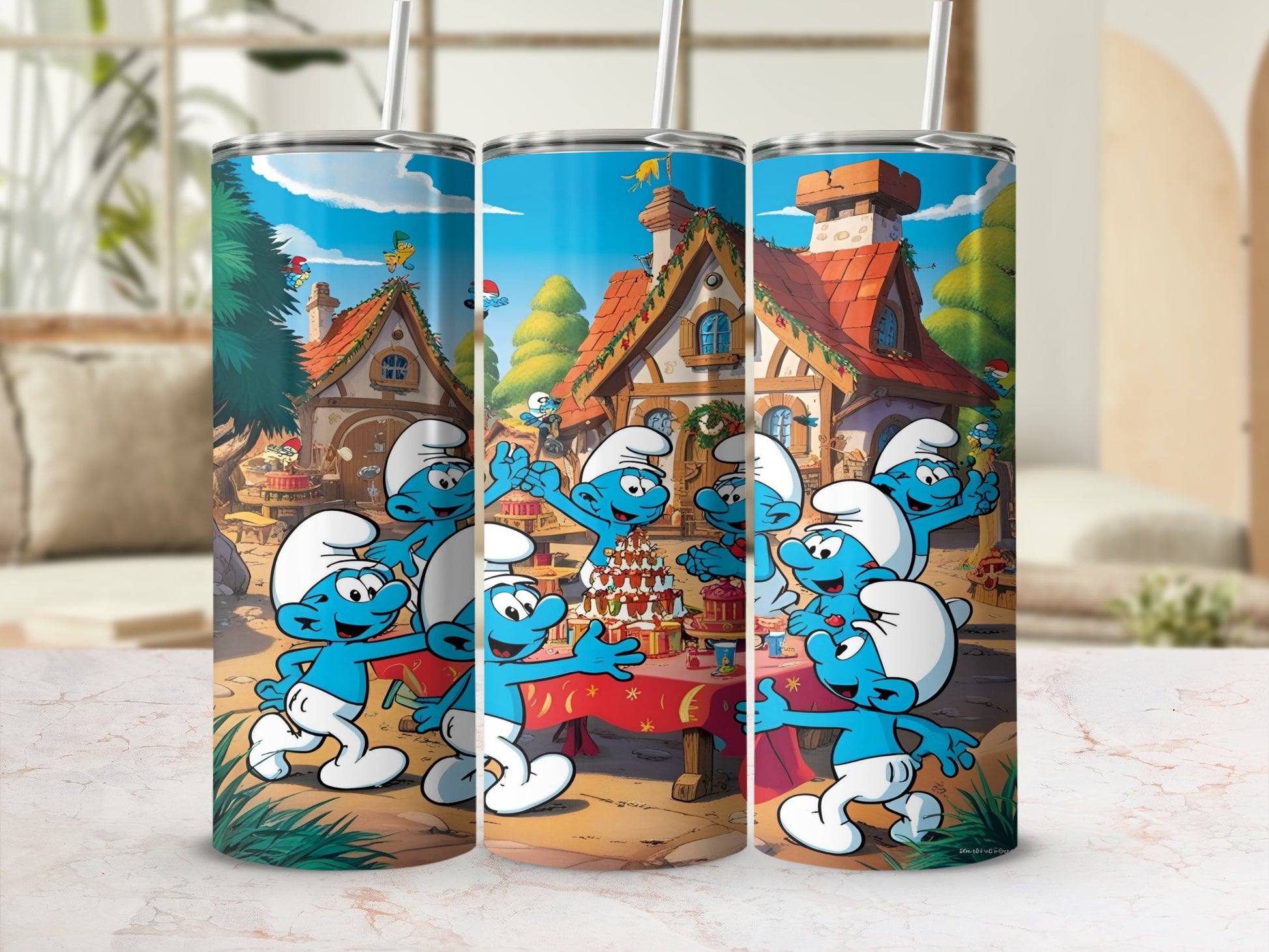 Smurfs celebrating around a table with gifts.