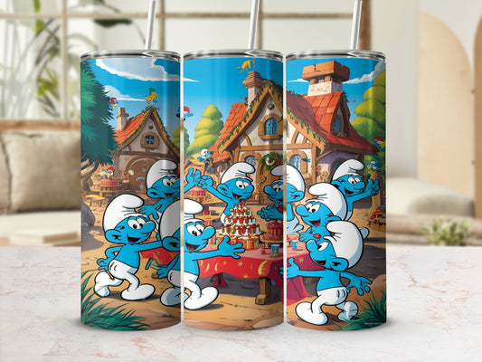 Smurfs celebrating around a table with gifts.