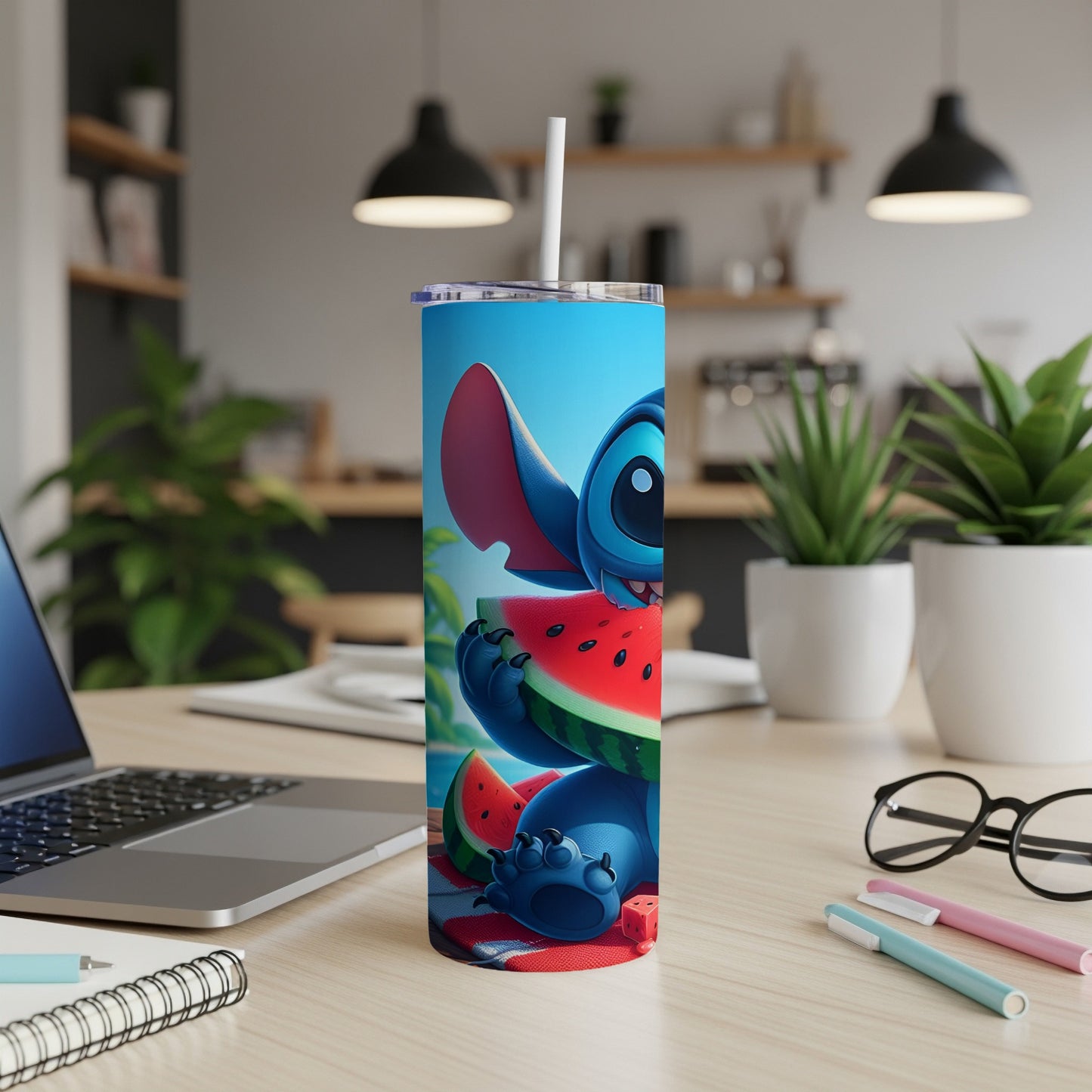Stitch character holding a slice of watermelon, on a tumbler.