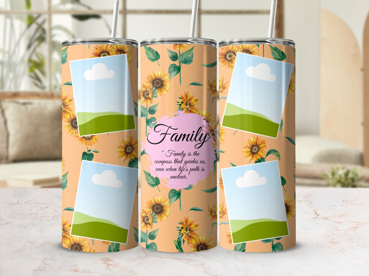 Sunflower tumbler with photo slots and "Family" quote.