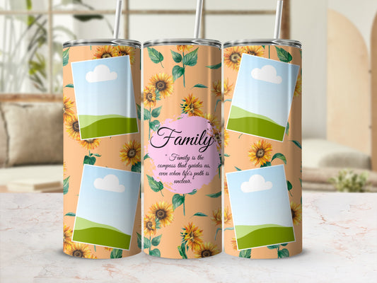 Sunflower tumbler with photo slots and "Family" quote.