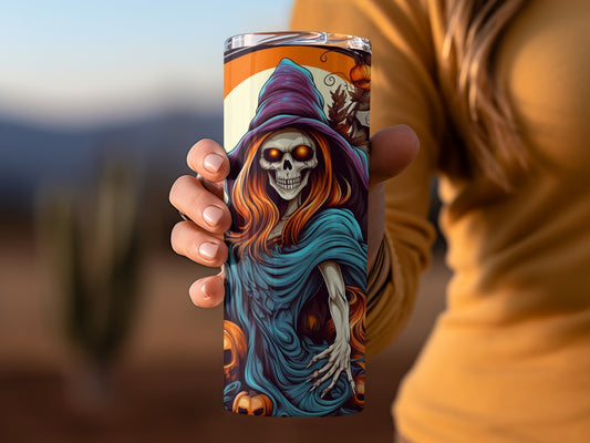 Spooky Skull Witch with Hat Halloween Tumbler Cup