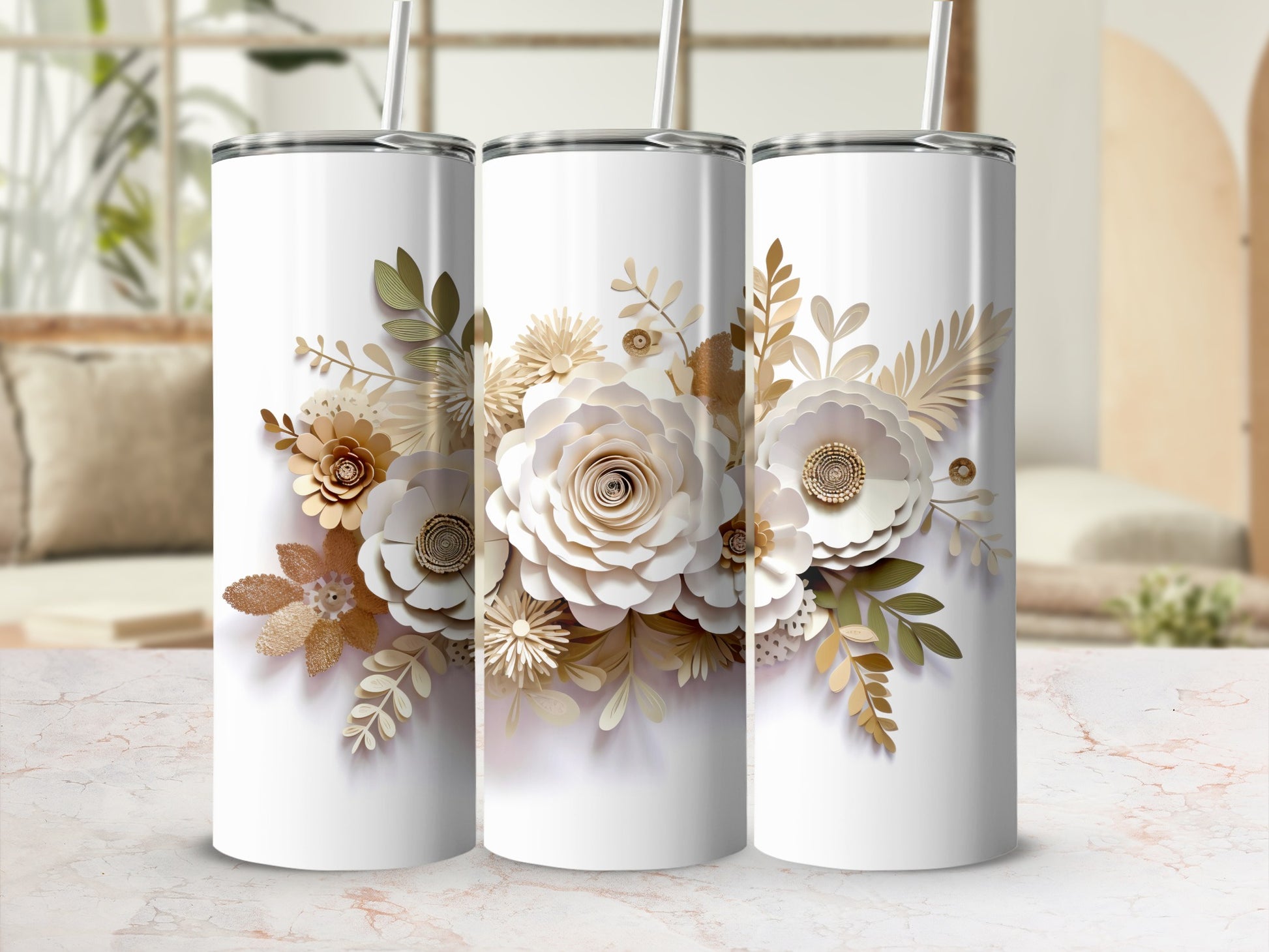 Elegant Floral Design Tumbler with Golden Accents