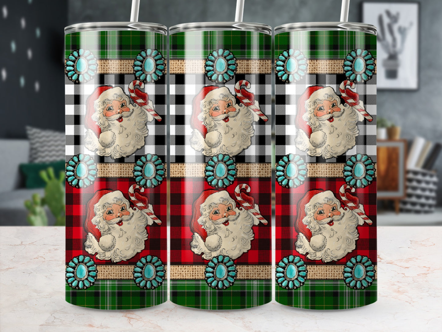 Santa Claus on red plaid tumbler with turquoise and burlap accents.
